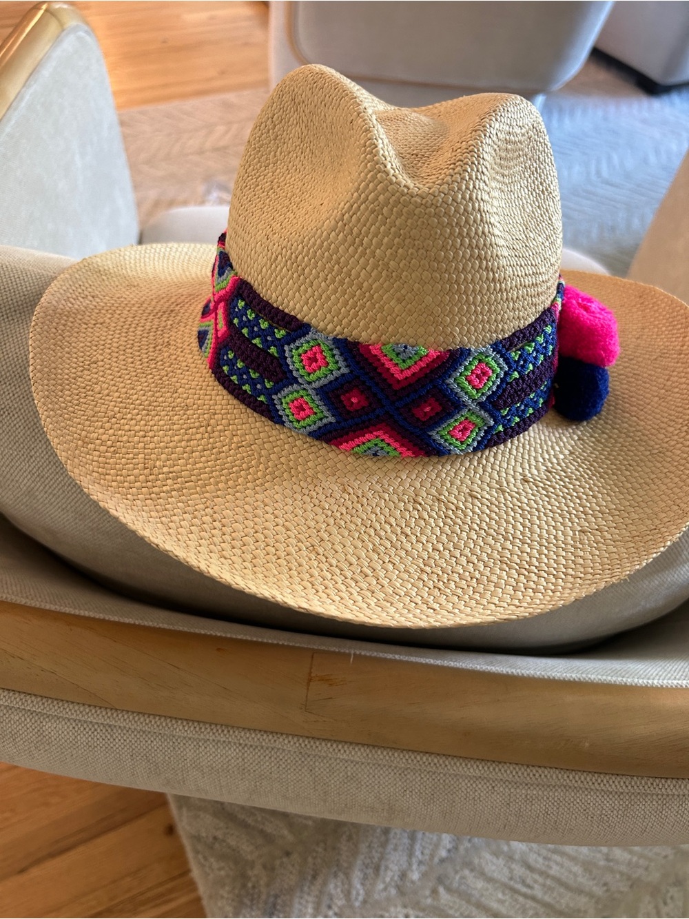 Palo de Yucca Straw fedora style hat with Mexican Embroidered Band size small